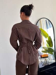 LHSEPT 女士优雅条纹纽扣式收腰衬衫，返校老师，女士秋季服装，秋季上衣，棕色衬衫，棕色上衣 - 彩色 - 查看 3