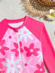 SHEIN New Fashion Tween Girls One-Piece Swimsuit With Colorful Prints - Hot Pink - View 3