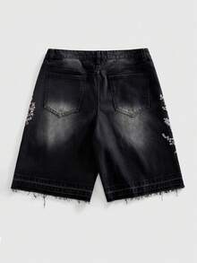ROMWE MEN Street Life Men's Floral Embroidery Pattern Denim Shorts - Black - View 3