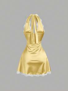 Sweetra Women's Spring French Sweet Lace Trim V-Neck Fitted A-Line Sexy Pink Dress - Yellow - View 2