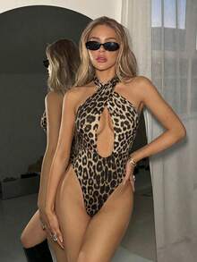 SHEIN ICON Áo liền thân hở lưng cổ yếm họa tiết da báo gợi cảm, thời trang dành cho nữ - Nhiều màu - Xem 3