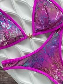 Swim SXY Set Bikini Seksi Wanita Musim Semi/Panas Warna Polos Model Segitiga Tanpa Kawat dengan Atasan Halter Tanpa Punggung dan Celana Pendek Renang untuk Liburan Pantai - Hot Pink - View 4