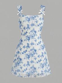 SHEIN Tween Girl Bow Decor Leopard Print Sleeveless Square Neck Fitted Dress Mothers Day Outfit Graduation Suitable For Spring & Summer Daily, Outing, Vacation, Holiday Wear, Stylish Girls, Casual Wear, New Style, Homecoming, Chill Vibe Outfits, Back To School, Girly Style T Shirt - Blue and White - View 3