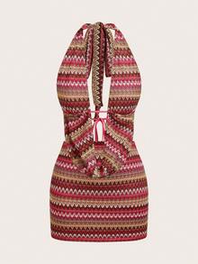 Opulessa Conjunto de 2 piezas de top halter de punto a rayas y falda de cintura baja para vacaciones de primavera y verano para mujeres - Rojo - Ver 7