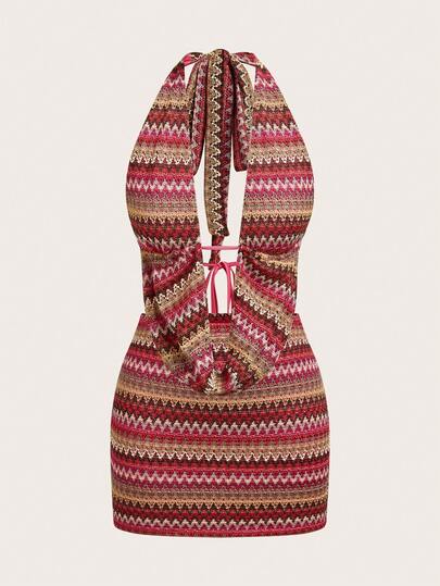 Opulessa Spring & Summer Vacation Knit Striped Halter Top & Low-Waist Skirt 2 Pieces Set For Women