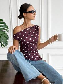 Serisse Women's Casual Polka Dot Print Asymmetrical Shoulder T-Shirt, Summer,Summer Top - Coffee Brown - View 6