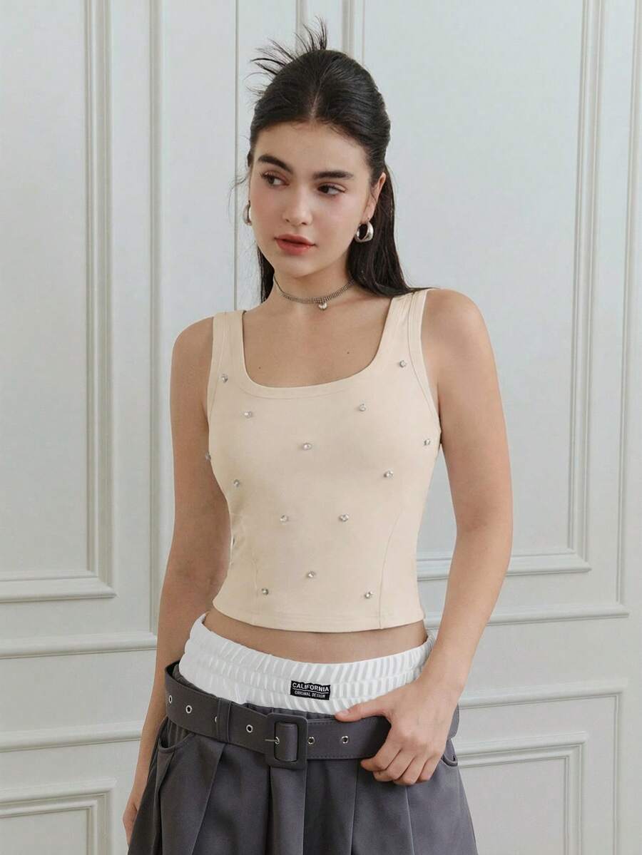 SHEIN MOD 女士水钻装饰休闲百搭日常上衣 - 杏色 - 查看 1