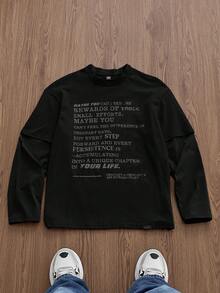 SWAVVY Men's Knit Casual Daily Young English Print Patchwork Loose Long Sleeve T-Shirt - Black - View 1