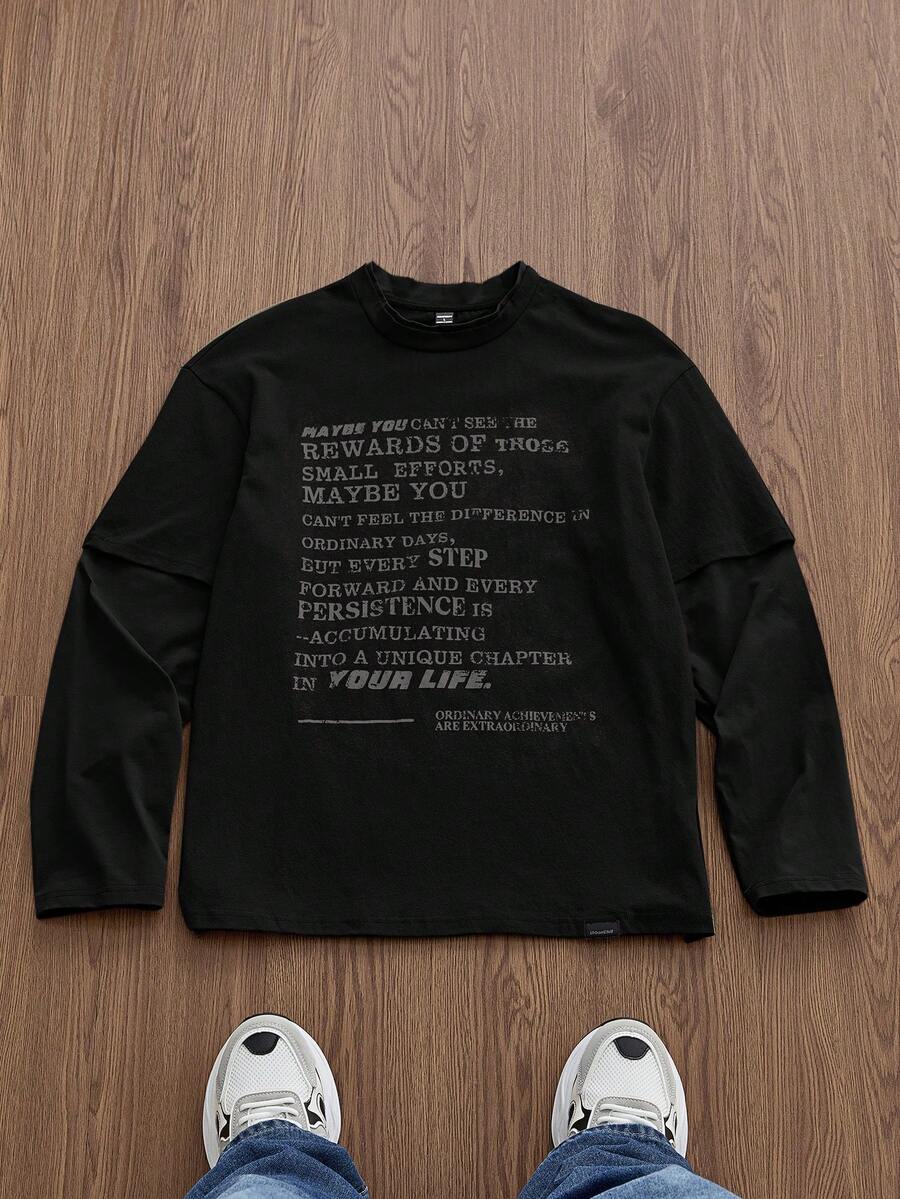 SWAVVY Men's Knit Casual Daily Young English Print Patchwork Loose Long Sleeve T-Shirt - Black - View 1