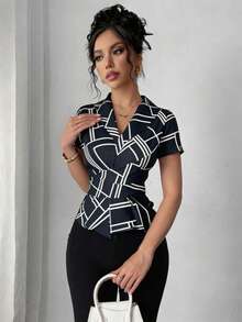 Camisa elegante de mujer con cuello, diseño de cintura plisada, tela a rayas casual de vacaciones de manga corta, camisa a rayas azul de moda para primavera/verano - Negro - Ver 4