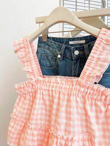 Resyla Women's Plaid Ruffle Hem Casual Versatile Daily Wear Top - Coral Pink - View 7