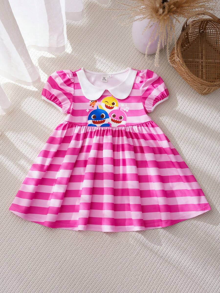 BABY SHARK X SHEIN Đầm hè kẻ sọc tay cánh hoa cổ Peter Pan dễ thương cho bé gái X - Nhiều màu - Xem 1