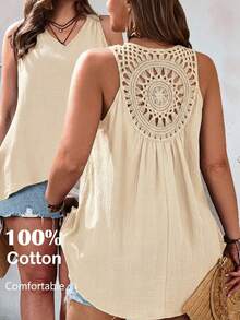 EMERY ROSE Plus Size Women Lace Patchwork 100% Pure Cotton Tank Top,White,Summer,Boho,Vacation,Holiday Business Casual Front Short Back Long Blouses Daily Wear - Khaki - View 1