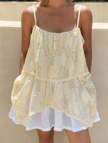 Livesso Women's Yellow Lace Camisole With Layered Ruffle Hem, Elegant For Casual, Beach, Wedding, Valentine's Day, Spring/Summer Boho - Beige - View 3