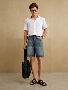 MENRIVO Shorts informales tipo bermudas de mezclilla holgados para hombres con bolsillos - Azul lavado medio - Ver 4