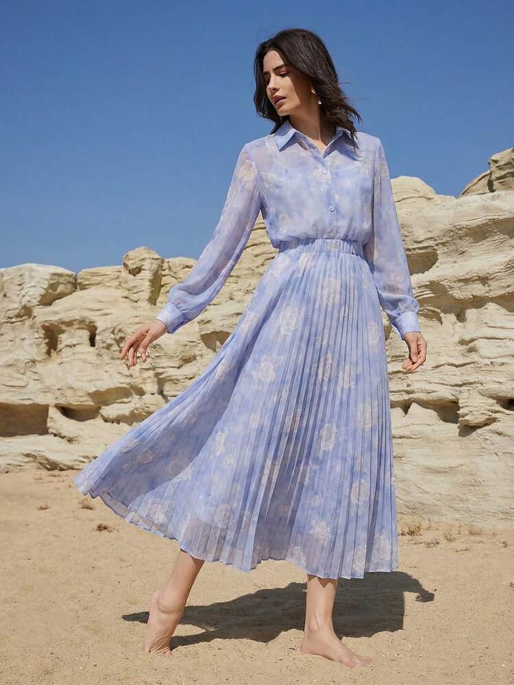 Spring/Summer Floral Print Blouse And Pleated Skirt Set, Elegant Casual Outfit For Commute, Weddings, Valentine's Day