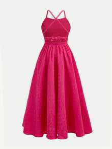 SHEIN Tween Girls' Casual Vacation Fuchsia Halter Backless Textured Solid Dress, Suitable For Beach, Music Festival - Hot Pink - View 6