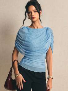 Poéselle Blusa de mujer con estampado de lunares plisada y ajustada de moda - Multicolor - Ver 7