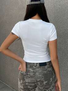 Camiseta de manga corta casual de corte ajustado con cuello de solapa y unicolor, estilo preppy para mujer - Blanco 6 - Ver 5