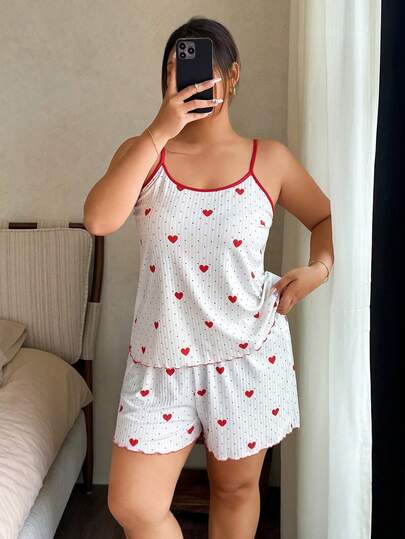 Napfluff CURVE Napfluff CURVE 加大码红色可爱爱心波点针织吊带背心和短裤睡衣套装