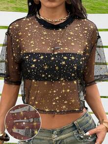 SHEIN EZwear 女士黑色金箔星形网纱圆领短袖露脐上衣 - 黑色 - 查看 3
