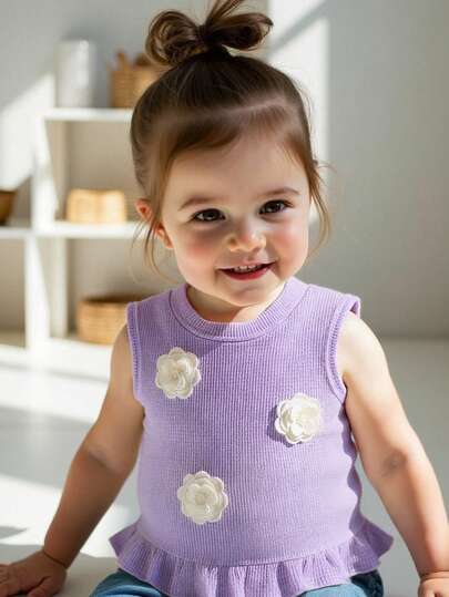 SHEIN Playful Pals 1 Piece Of New Fashion Simple And Sweet Apricot-Colored Knit Comfortable Fabric 3D Floral Embellished Patchwork Ruffled Hem Sleeveless Round-Neck Top, Suitable For Daily Wear And Outdoor Activities.