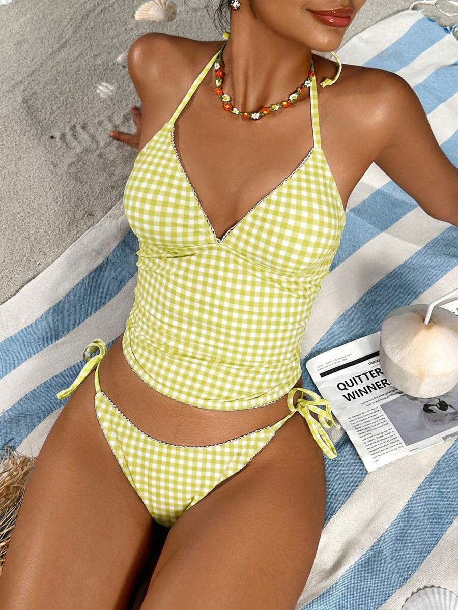 Swim Mod 甜樱桃格子比基尼套装 - 鵝黃色 - 查看 1