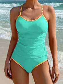 Swim Lushoire Women's Summer Beach Patchwork Camisole Tankini Top And Triangle Bottoms Swimwear Set - Mint Green - View 5