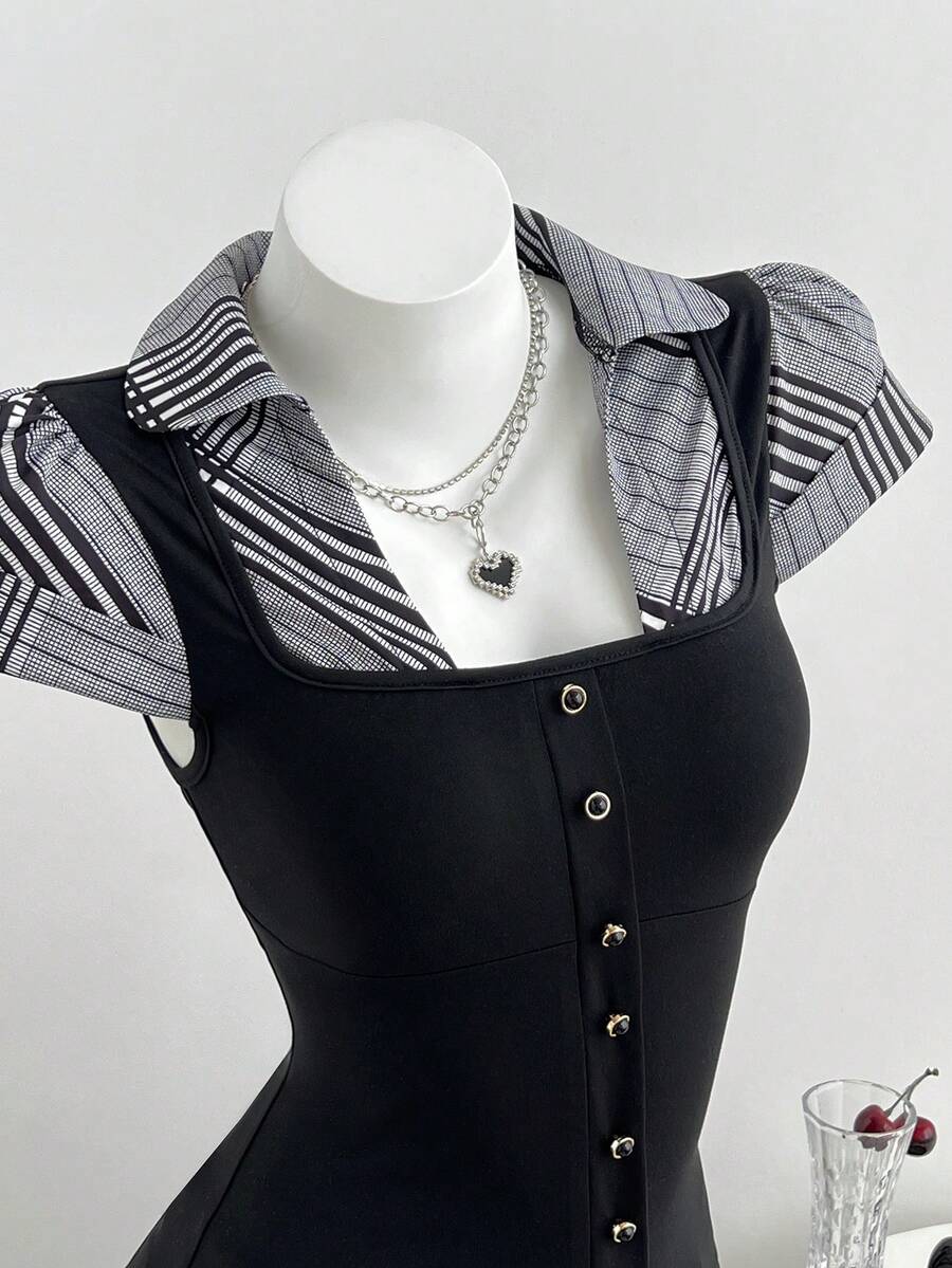 Elamini Áo thun nữ tay ngắn dáng ôm, họa tiết kẻ caro đen, phối nhiều mảnh, thích hợp mặc mùa hè. - màu đen - Xem 1