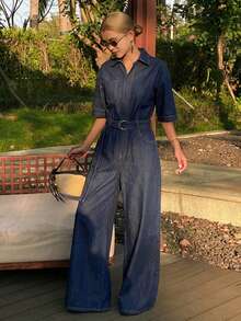 DAZY Bộ jumpsuit denim nữ tay ngắn cổ ve lật, eo thon, ống rộng, dáng suông, phong cách thường ngày. - Rửa tối - Xem 3