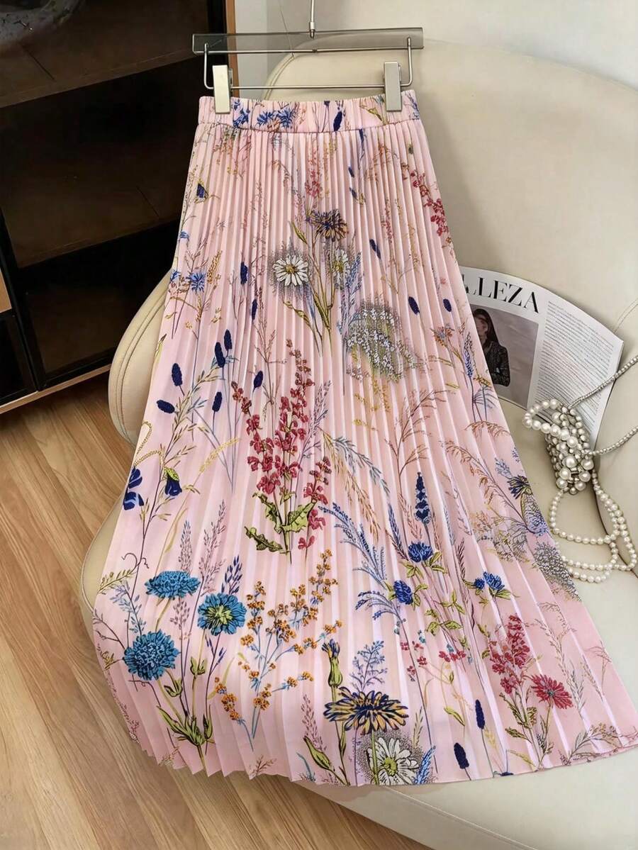 SHEIN PETITE 女士数码印花梭织面料A字裙 - 杏色 - 查看 1