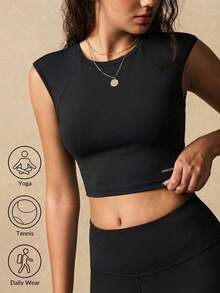 VARSIVA 女款純色露背短版緊身運動機能上衣 T-shirt，夏季 - 黑色 - 查看 9