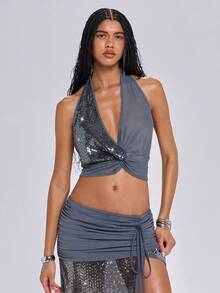 ROMWE Spring/Summer Y2K Retro Glitter Contrast Mesh Deep Draped Neck Draped Neck Tank Top For Women - Grey - View 5