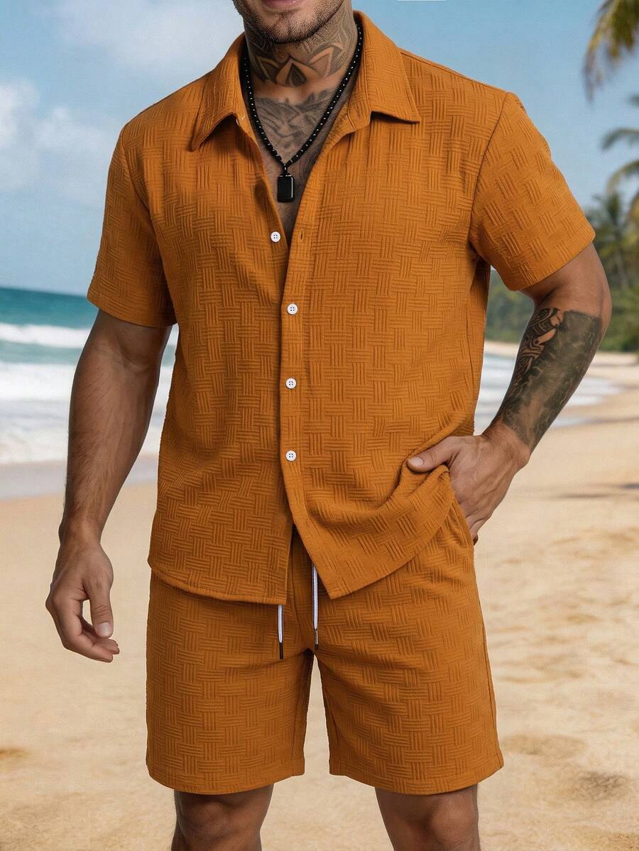 Genlund Men's Solid Color Short Sleeve Casual Front Button Placket Summer Textured Fabric 2 Pieces Set, Holiday - Burnt Orange - View 1