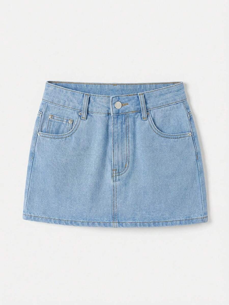 Maija 女士牛仔迷你裙，Y2K风格穿搭，音乐节服装，返校季穿搭 - 淺色水洗藍 - 查看 1
