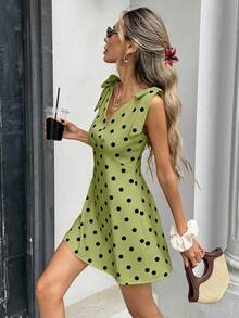Pariaura Women's French Elegant Minimalist Shoulder Tie Polka Dot Print Dress, Chocolate Brown Polka Dot Dress Green Polka Dot Dress Women Dress Short Dress V-Neck Dress - Green - View 4