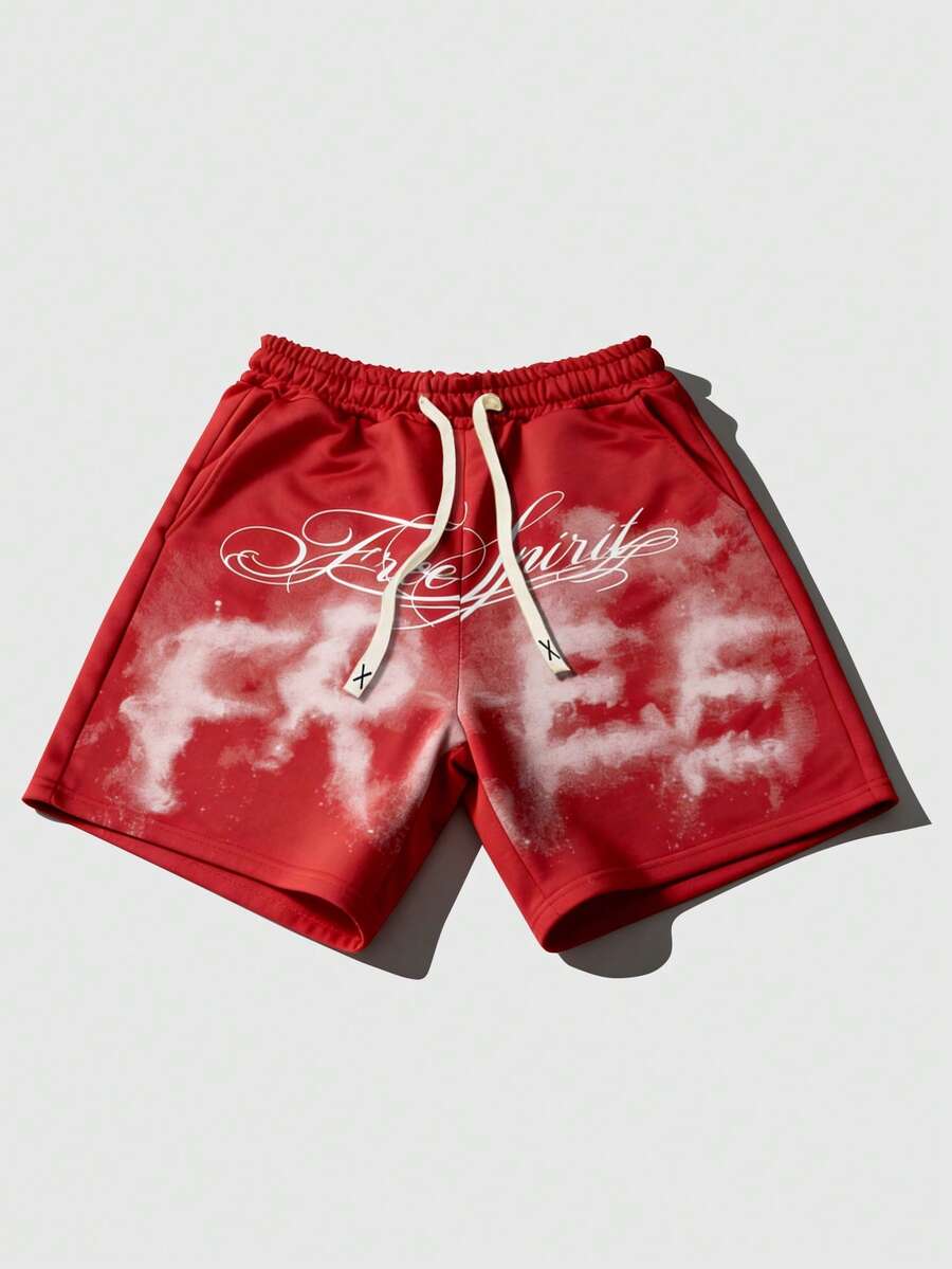 ROMWE MEN 2026 Spring, Summer, Autumn Casual Fashion Unisex Sports Printed Shorts - Red - View 1