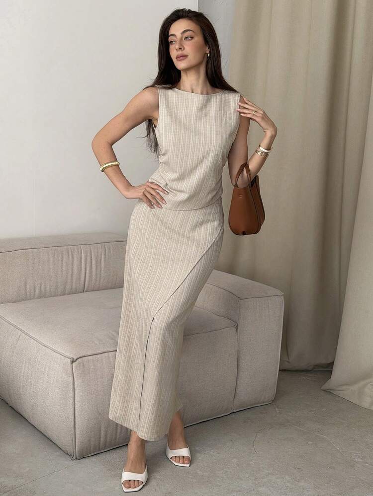 Textured Fabric Fitted Round Neck Sleeveless Asymmetric Tank Top And Long Skirt Elegant Summer 2 Pieces Set For Women
