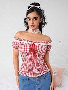 ROMWE Kawaii Plus Size Women Summer Plaid Print Ruffle Trim Front Tie Off Shoulder Sweet Blouse - Red - View 5