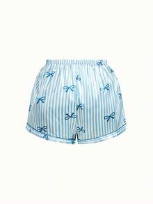 Bonmuse [Elegant Fields]2pcs Satin Striped Bow Print Short Sleeve Collar Top And Bow Shorts Women Pajama Set, Spring/Summerfor Summer - Blue - View 3