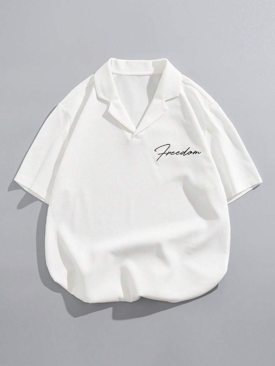 Manfinity Homme Men's Loose Fit V-Neck T-Shirt With Waffle Texture And Turndown Collar, White - White - View 1
