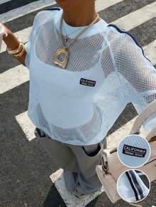 Muchica 女款針織條紋透視網眼T恤，夏季街頭風城市度假大廓形寬鬆網格上衣，Y2K日常通勤穿搭 - 藍色 - 查看 5