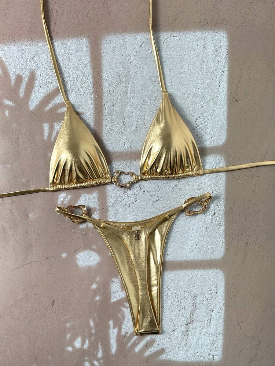 Swim Vcay 新款女款時尚金屬色燙金掛脖露背比基尼套裝,性感細肩帶三角泳衣,海灘度假泳池遊艇派對吸睛款 - 金色 - 查看 1