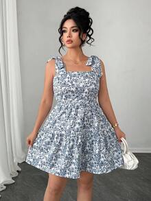 SHEIN Elenzya Plus Size Women's Tie-Strap Printed Knee-Length Vacation Dress, Elegant Casual Dress, Spring/Summer Dress, Collegiate Style Dress - Blue - View 5