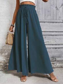 Breezaya Khaki Wide Leg Pants With Waist Bow Decor, Casual Fall Cloth For Women - Blue - View 3