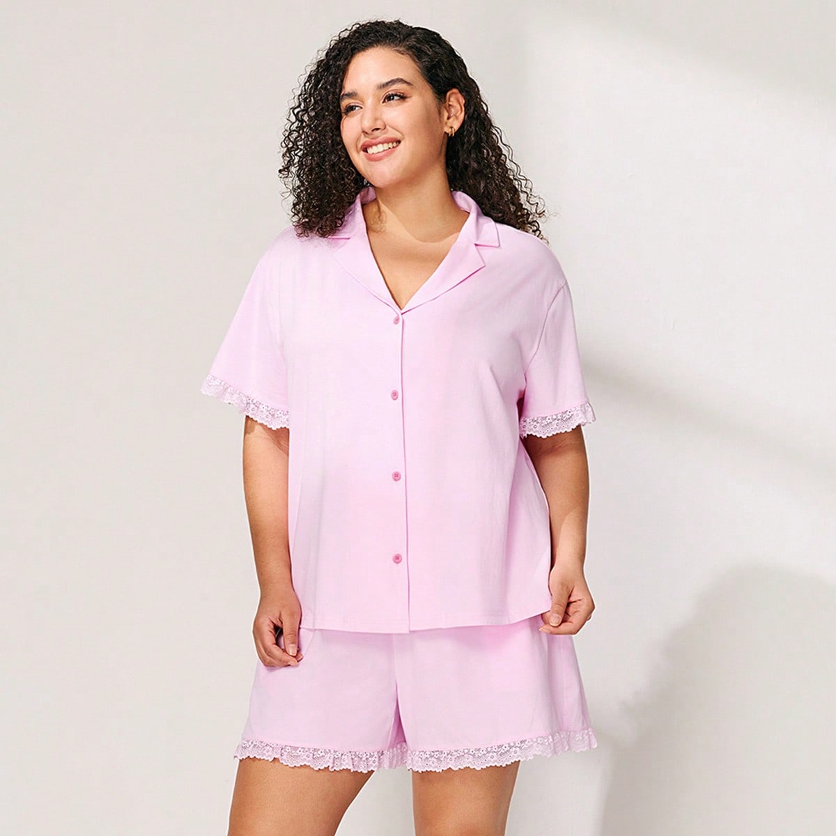 Conjunto de pijama de verano para mujer de talla grande, de algodón suave, con volantes, encaje, botones y pantalones cortos con bolsillos, color ros
