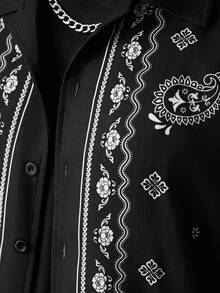 SLATEMANN 男士佩斯利印花纽扣前开襟休闲短袖衬衫 - 黑色 - 查看 3