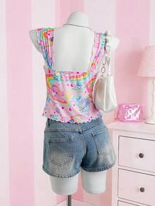 SHEIN X Care Bears 女士卡通印花前系带开衩下摆衬衫 - 粉色 - 查看 2