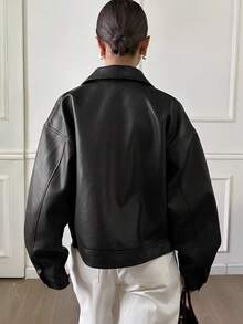 DAZY Autumn/Winter New Loose Casual Thick PU Women Regular Jacket - Black - View 2