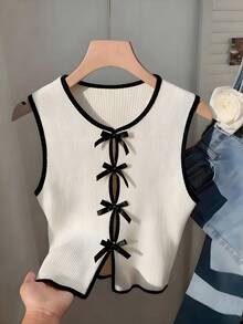 Franclia 女士圆领撞色滚边T恤，针织修身上衣，无袖镂空蝴蝶结衬衫，开衩下摆背心，镂空性感露脐上衣，夏季服装 - 杏色 - 查看 1